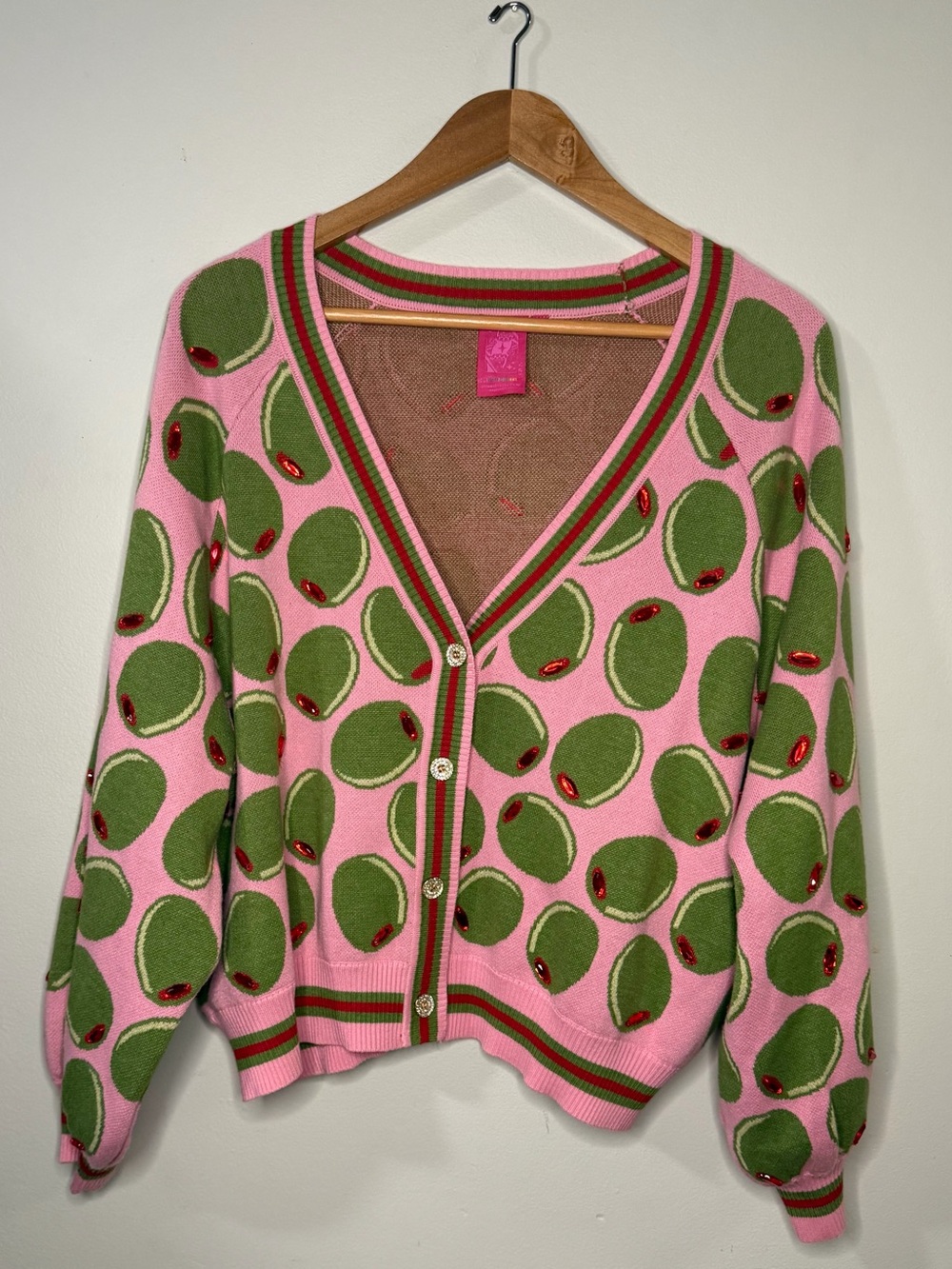 Queen of Sparkles Pink & Green Olive Jeweled Cardigan | Size Medium